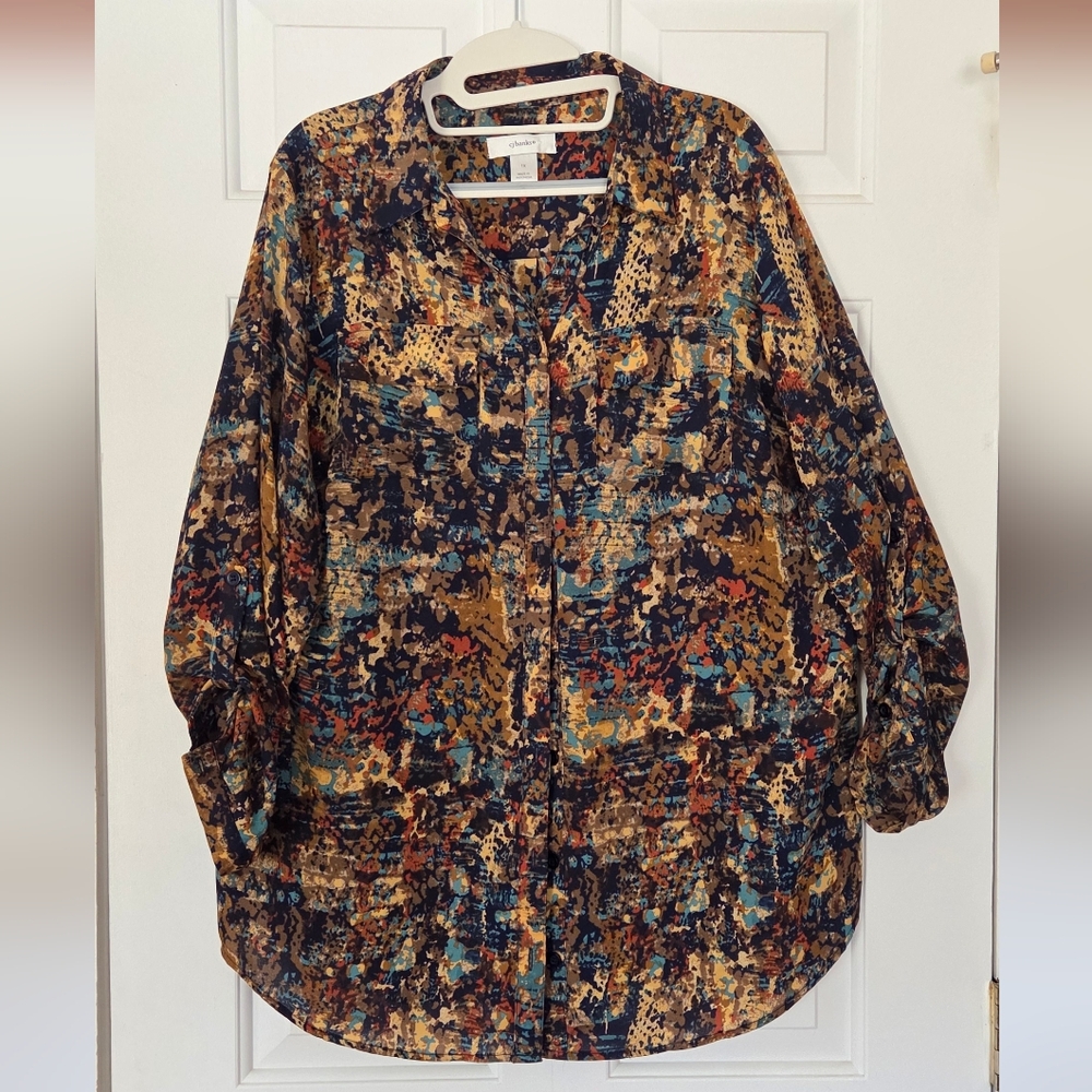 CJ Banks Multi-Color Abstract Button-Front Blouse